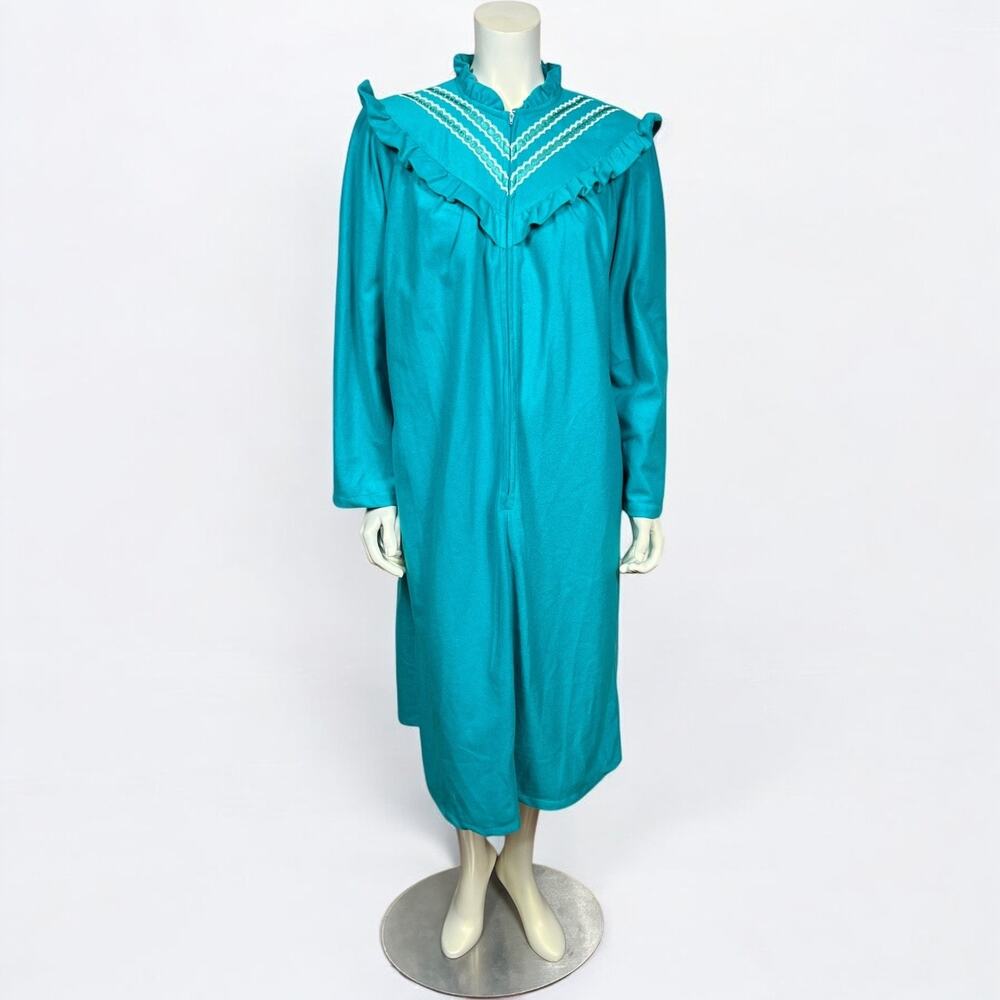 Vintage Teal Zip-Front Robe Nightgown with Lace Trim and Ruffle Details Large